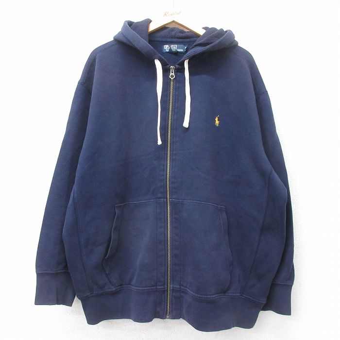 XL★古着 ラルフローレン Ralph Lauren 長袖 ブランド フルジップ スウェット パーカー メンズ 90年代 90s ワンポイントロゴ 大きいサイズ 紺 ネイビー フード内側サーマル 25sep17 中古 スエット トレーナー トップス