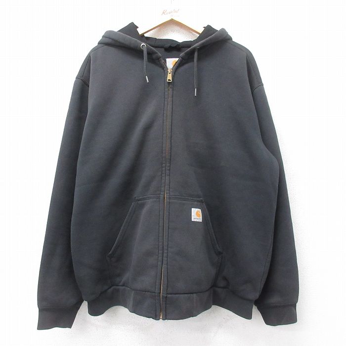 XL★古着 カーハート Carhartt 長袖 フルジップ スウェット パーカー メンズ ワンポイントロゴ 大きいサイズ 黒 ブラック 内側サーマル 【spe】 25sep17 中古 スエット トレーナー トップス