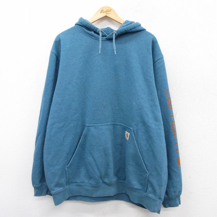 XL★古着 カーハート Carhartt 長袖 スウェット パーカー メンズ ビッグロゴ 大きいサイズ 薄紺 ネイビー 25sep17 中古 スエット トレーナー トップス