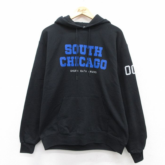 L★古着 チャンピオン champion 長袖 スウェット パーカー メンズ シカゴ 黒 ブラック 25sep17 中古 スエット トレーナー トップス