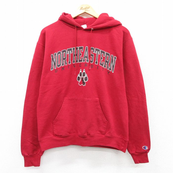 M★古着 チャンピオン champion 長袖 スウェット パーカー メンズ NORTHEASTERN 赤 レッド 25sep17 中古 スエット トレーナー トップス