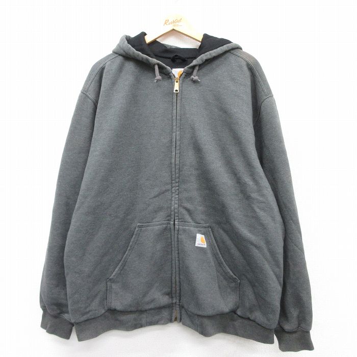 XL★古着 カーハート Carhartt 長袖 フルジップ スウェット パーカー メンズ ワンポイントロゴ 大きいサイズ 濃グレー 内側サーマル 【spe】 25sep17 中古 スエット トレーナー トップス