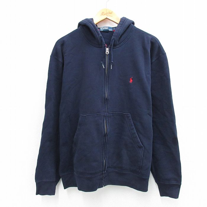 XL★古着 ラルフローレン Ralph Lauren 長袖 ブランド フルジップ スウェット パーカー メンズ 90年代 90s ワンポイントロゴ 大きいサイズ 紺 ネイビー 25sep18 中古 スエット トレーナー トップス
