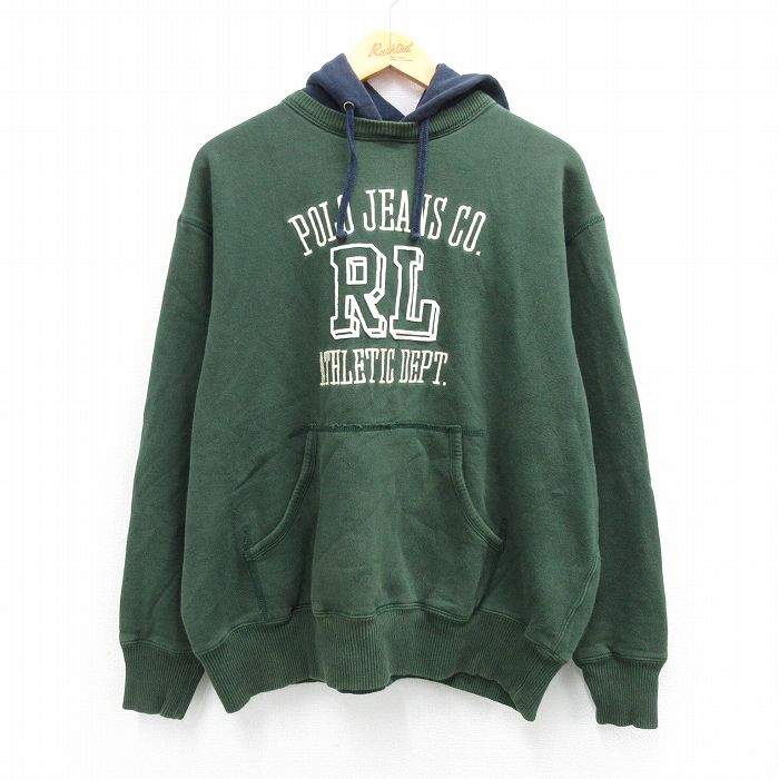 【20%OFF】XL★古着 ラルフローレン Ralph Lauren ポロジーンズ 長袖 スウェット パーカー メンズ 00年代 00s ビッグロゴ 刺繍 大きいサイズ クルーネック 緑 グリーン 【spe】 25sep18 中古 スエット トレーナー トップス