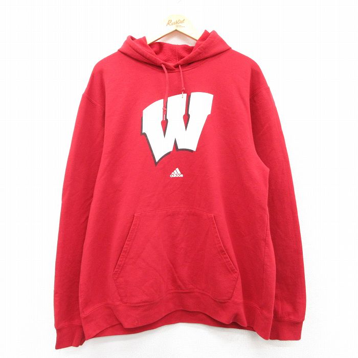 【20%OFF】XL★古着 アディダス adidas 長袖 スウェット パーカー メンズ ワンポイントロゴ W 赤 レッド 25sep19 中古 スエット トレーナー トップス