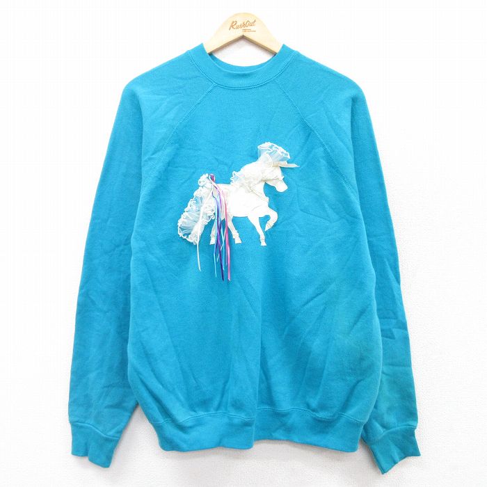 XL★古着 TULTEX 長袖 スウェット メンズ 80年代 80s 馬 ラグラン クルーネック USA製 水色 25sep19 中古 スエット トレーナー トップス