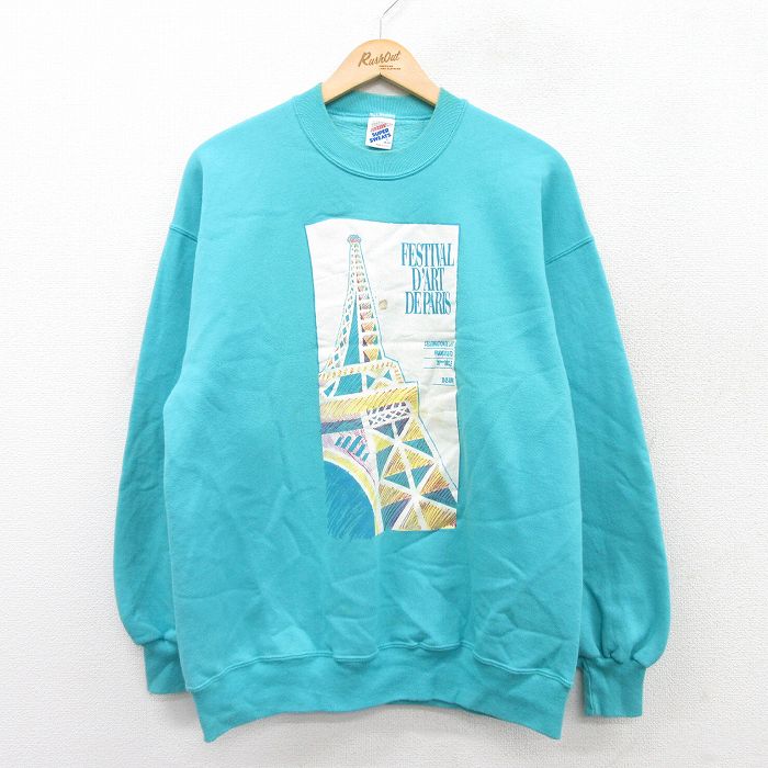 L★古着 ジャージーズ 長袖 スウェット メンズ 90年代 90s パリ クルーネック USA製 水色 25sep19 中古 スエット トレーナー トップス