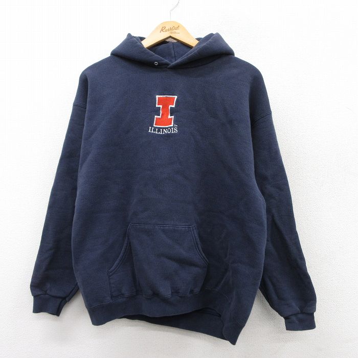 L★古着 リー Lee 長袖 スウェット パーカー メンズ 00年代 00s ILLINOIS 刺繍 紺 ネイビー 25sep19 中古 スエット トレーナー トップス
