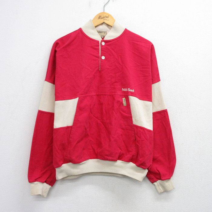 M★古着 長袖 トップス メンズ 90年代 90s Pebble Beach ツートンカラー 大きいサイズ コットン ヘンリーネック USA製 赤他 レッド 25sep19 中古 スエット トレーナー