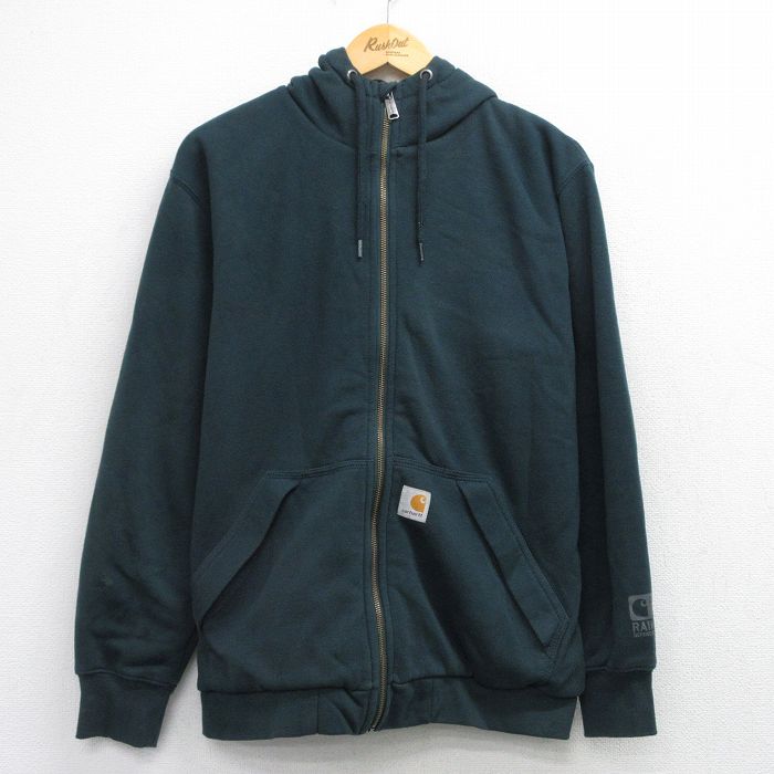 L★古着 カーハート Carhartt 長袖 フルジップ スウェット パーカー メンズ ワンポイントロゴ 緑系 グリーン 内側サーマル 【spe】 25sep19 中古 スエット トレーナー トップス
