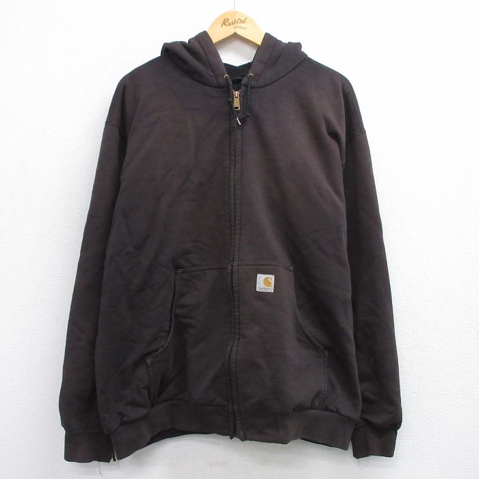 XL★古着 カーハート Carhartt 長袖 フルジップ スウェット パーカー メンズ ワンポイントロゴ 大きいサイズ 茶 ブラウン 内側サーマル 【spe】 25sep19 中古 スエット トレーナー トップス