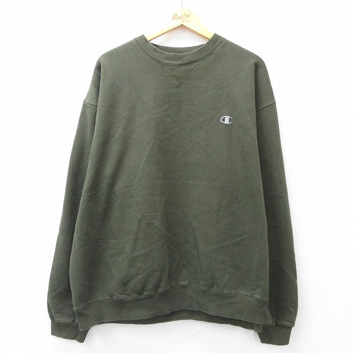 XL★古着 チャンピオン Champion 長袖 スウェット メンズ ワンポイントロゴ 大きいサイズ クルーネック 濃緑 グリーン 25sep19 中古 スエット トレーナー トップス