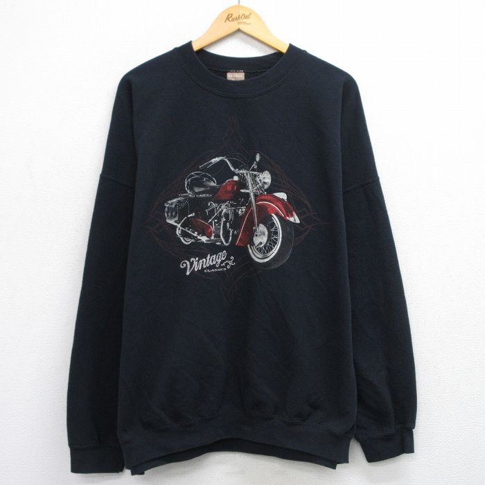 XL★古着 長袖 スウェット メンズ バイク 大きいサイズ クルーネック 黒 ブラック 25sep24 中古 スエット トレーナー トップス