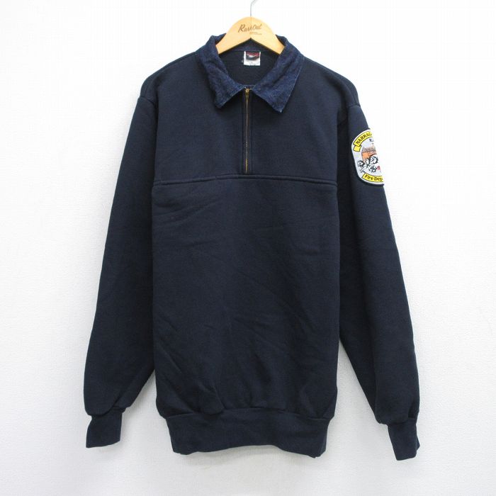 XL★古着 長袖 ハーフジップ スウェット メンズ 90年代 90s ワッペン 肘当て 襟デニム 大きいサイズ ロング丈 USA製 濃紺 ネイビー 25sep24 中古 スエット トレーナー トップス