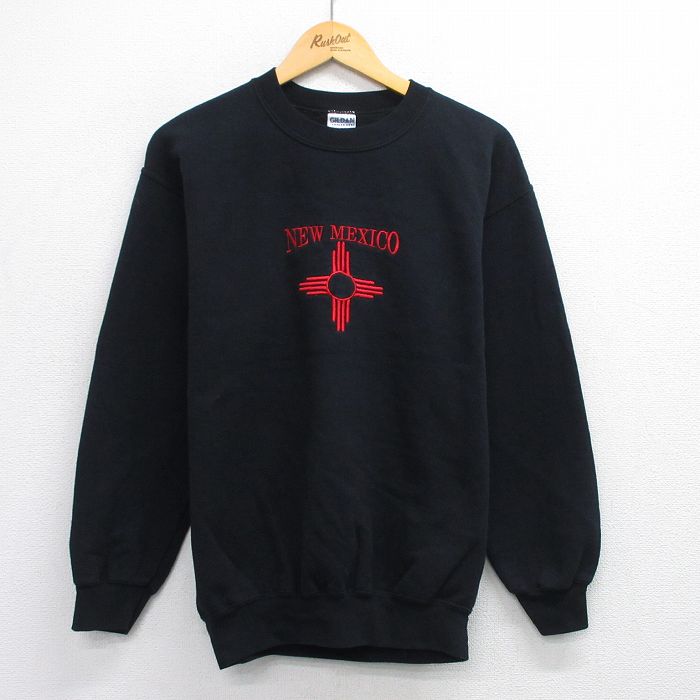 M★古着 長袖 スウェット メンズ 00年代 00s ニューメキシコ 刺繍 クルーネック 黒 ブラック 25sep24 中古 スエット トレーナー トップス
