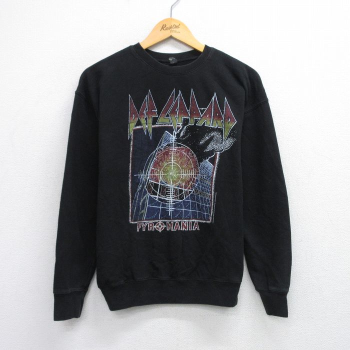 M★古着 長袖 ロック バンド スウェット メンズ デフレパード クルーネック 黒 ブラック 25sep24 中古 スエット トレーナー トップス