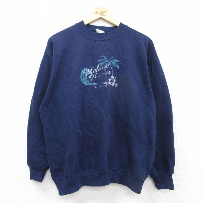 L★古着 長袖 スウェット メンズ 90年代 90s ヤシの木 ハイビスカス クルーネック 紺 ネイビー 25sep20 中古 スエット トレーナー トップス