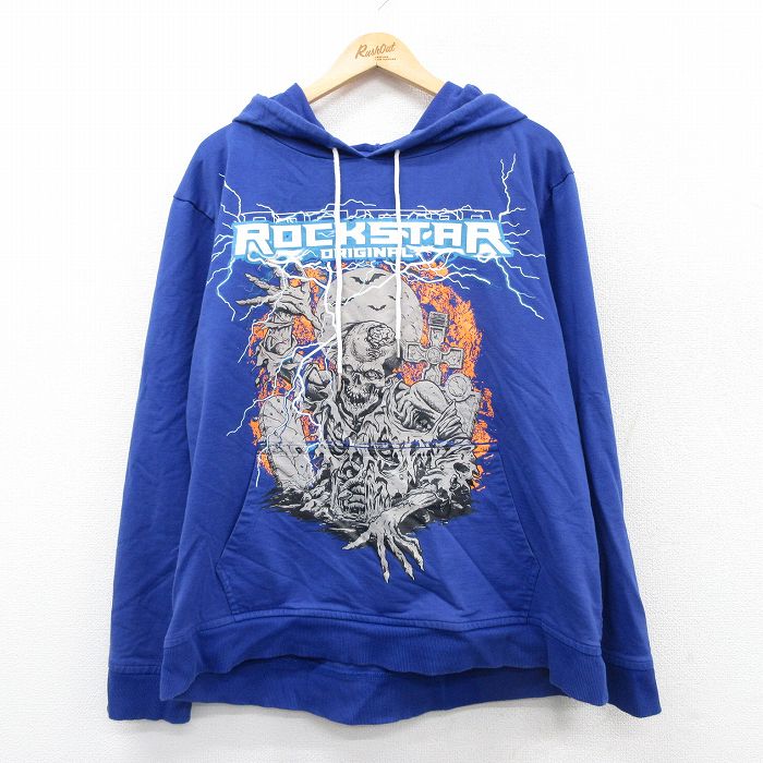 XL★古着 長袖 スウェット パーカー メンズ ROCKSTAR ゾンビ 青 ブルー 25sep20 中古 スエット トレーナー トップス