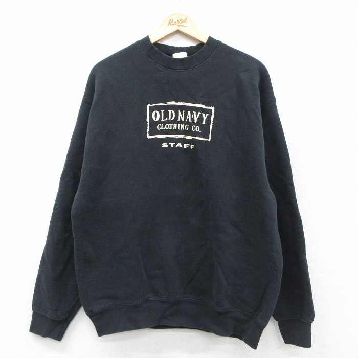 L★古着 オールドネイビー OLD NAVY 長袖 スウェット メンズ 90年代 90s ビッグロゴ スタッフ クルーネック USA製 黒 ブラック 【spe】 25sep20 中古 スエット トレーナー トップス