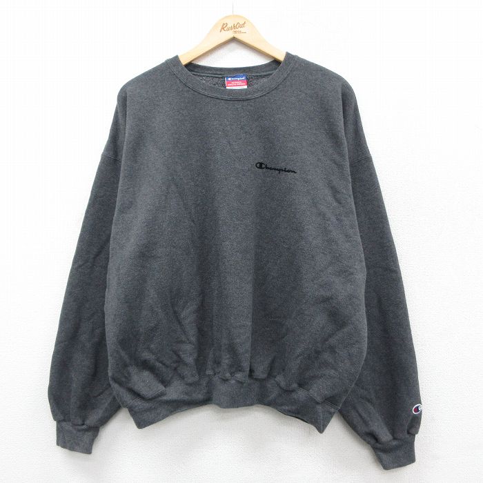 XL★古着 チャンピオン champion 長袖 スウェット メンズ 00年代 00s ワンポイントロゴ 大きいサイズ クルーネック 濃グレー 霜降り 25sep20 中古 スエット トレーナー トップス