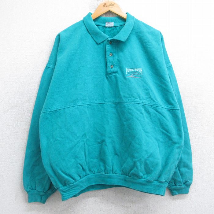 XL★古着 crazyshirts 長袖 トップス メンズ 90年代 90s ペブルビーチ 襟付き 大きいサイズ コットン USA製 青緑 25sep22 中古 スエット トレーナー