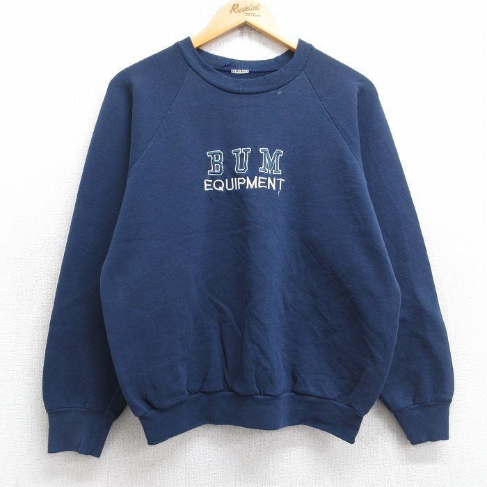 M★古着 長袖 スウェット メンズ 80年代 80s b.u.m equipment ビッグロゴ 刺繍 ラグラン クルーネック 紺 ネイビー 25sep22 中古 スエット トレーナー トップス
