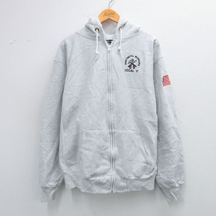 XL★古着 長袖 スウェット フルジップ パーカー メンズ 90年代 90s 工具 大きいサイズ USA製 薄グレー 霜降り 25sep24 中古 スエット トレーナー トップス