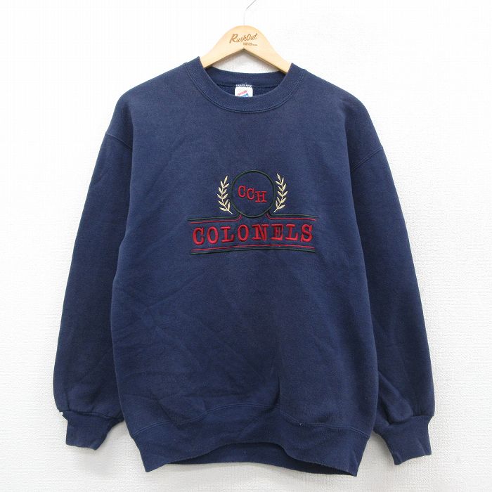 M★古着 ジャージーズ 長袖 スウェット メンズ 90年代 90s COLONELS 刺繍 クルーネック USA製 紺 ネイビー 25sep24 中古 スエット トレーナー トップス