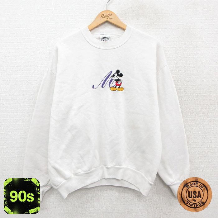 ディズニー 90s 長袖スウェット ミッキーマウス刺繍 ホワイト L | 古着