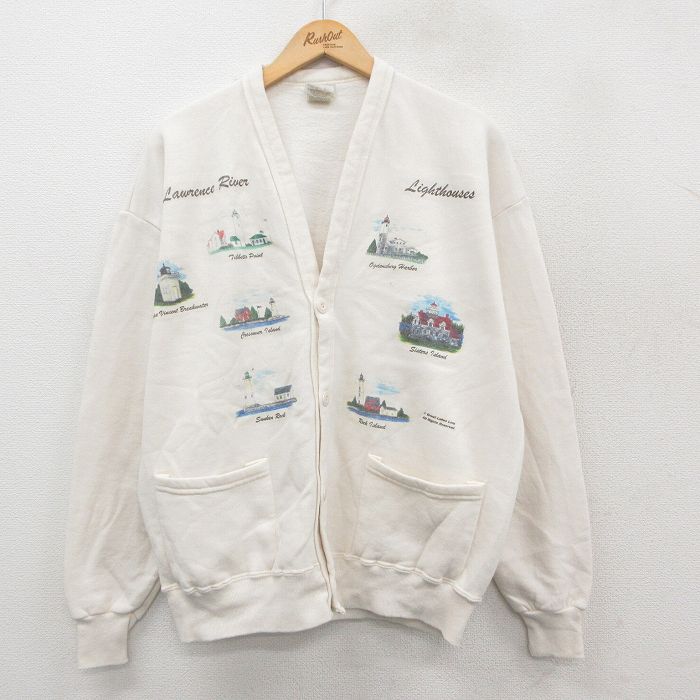 L★古着 ジャージーズ 長袖 スウェット カーディガン メンズ 00年代 00s 灯台 生成り 25sep24 中古 スエット トレーナー トップス