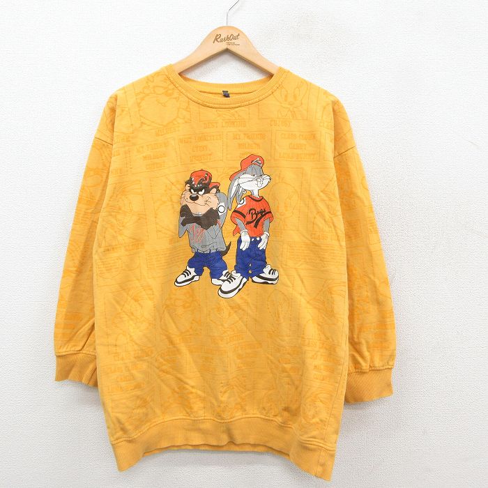 L★古着 長袖 スウェット メンズ ルーニーテューンズ LOONEY TUNES タズ バッグスバニー クルーネック 黄 イエロー 25sep24 中古 スエット トレーナー トップス