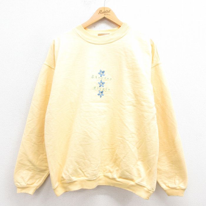 L★古着 長袖 スウェット メンズ 90年代 90s 花 刺繍 コットン クルーネック USA製 黄色 イエロー 25sep24 中古 スエット トレーナー トップス