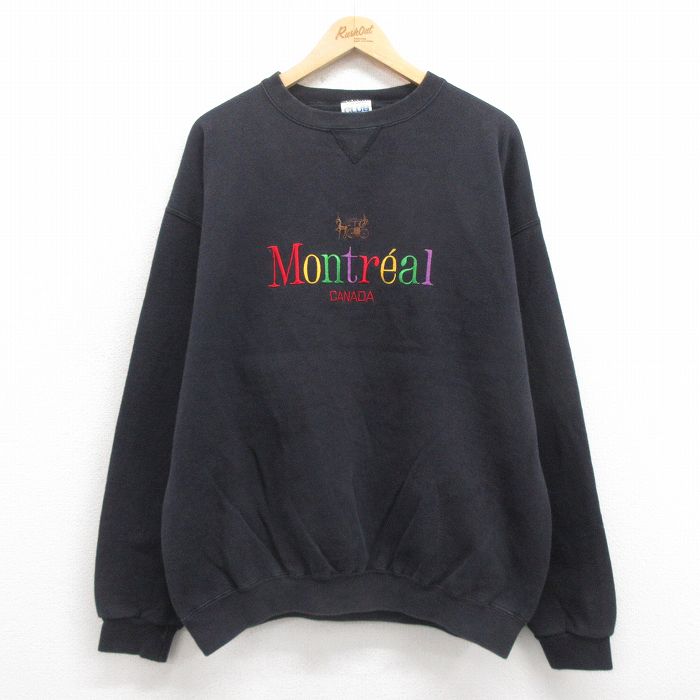 XL★古着 長袖 スウェット メンズ 90年代 90s モントリオール 刺繍 クルーネック カナダ製 黒 ブラック 25sep24 中古 スエット トレーナー トップス