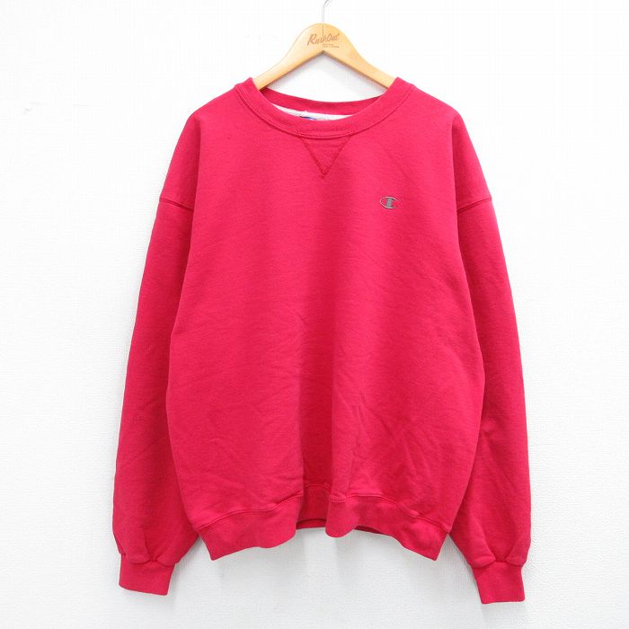 XL★古着 チャンピオン champion 長袖 スウェット メンズ 00年代 00s ワンポイントロゴ 大きいサイズ クルーネック 赤 レッド 25sep24 中古 スエット トレーナー トップス