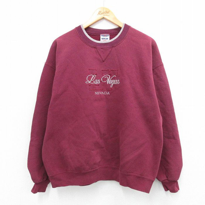 XL★古着 ジャージーズ 長袖 スウェット メンズ 90年代 90s ラスベガス 刺繍 クルーネック USA製 エンジ系他 25sep24 中古 スエット トレーナー トップス