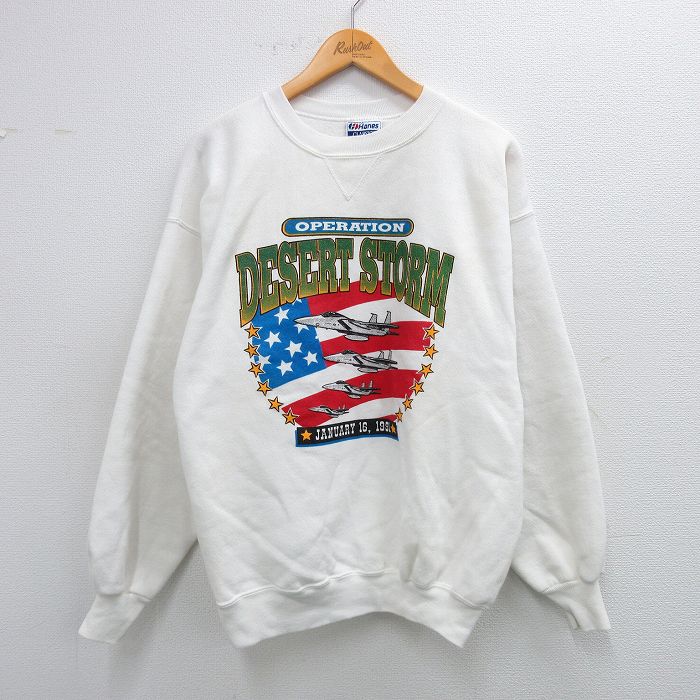 L★古着 ヘインズ Hanes 長袖 スウェット メンズ 90年代 90s DESERT STORM クルーネック USA製 白 ホワイト 25sep24 中古 スエット トレーナー トップス