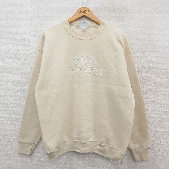 L★古着 リー Lee 長袖 スウェット メンズ 90年代 90s NORTHPORT 刺繍 クルーネック USA製 ベージュ カーキ 25sep24 中古 スエット トレーナー トップス