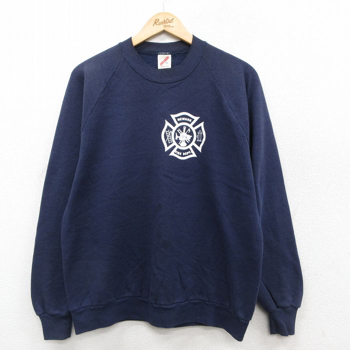 L★古着 ジャージーズ 長袖 スウェット メンズ 80年代 80s 消防署 ラグラン クルーネック USA製 濃紺 ネイビー 25sep25 中古 スエット トレーナー トップス