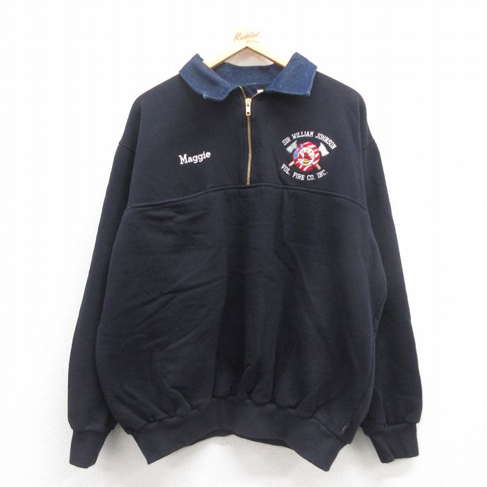 XL★古着 長袖 ハーフジップ スウェット メンズ 00年代 00s 消防署 大きいサイズ ヒジ当て 黒 ブラック 【spe】 25sep25 中古 スエット トレーナー トップス