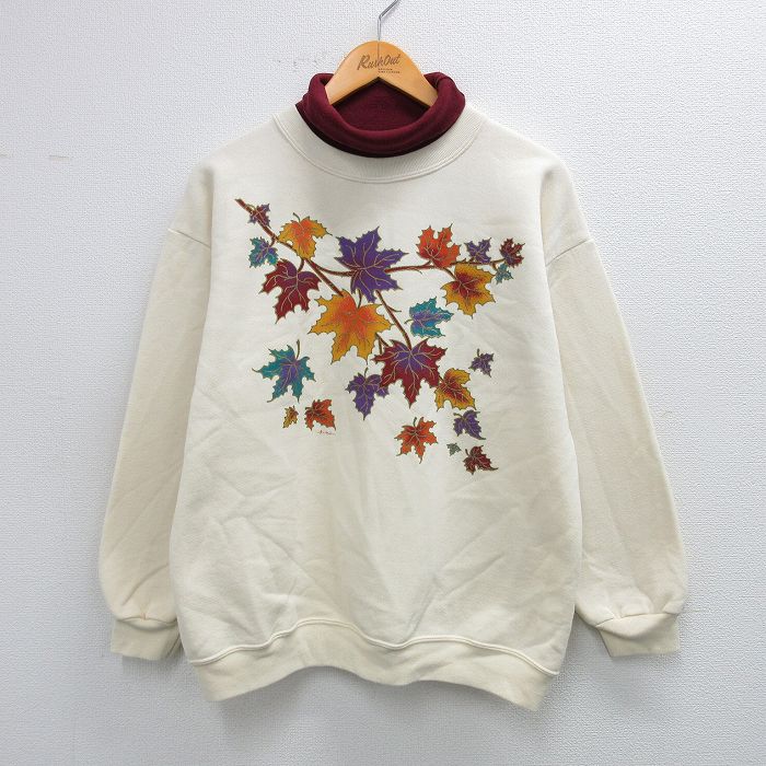 L★古着 長袖 スウェット メンズ 90年代 90s 葉 タートルネック ハイネック USA製 生成り他 25sep25 中古 スエット トレーナー トップス