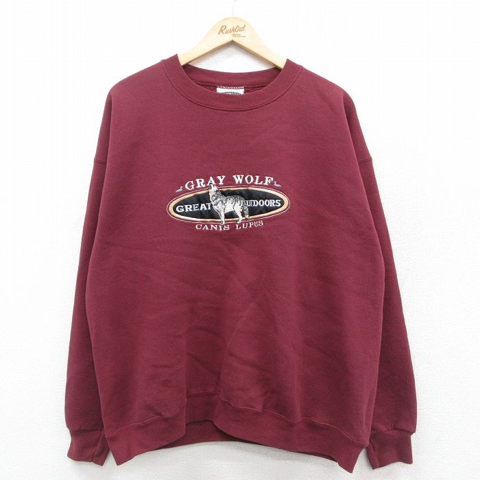 XL★古着 リー Lee 長袖 スウェット パーカー メンズ 90年代 90s オオカミ 刺繍 大きいサイズ クルーネック USA製 エンジ 25sep25 中古 スエット トレーナー トップス