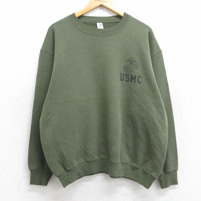 XL★古着 長袖 スウェット メンズ ミリタリー USMC クルーネック USA製 濃緑 グリーン 25sep25 中古 スエット トレーナー トップス
