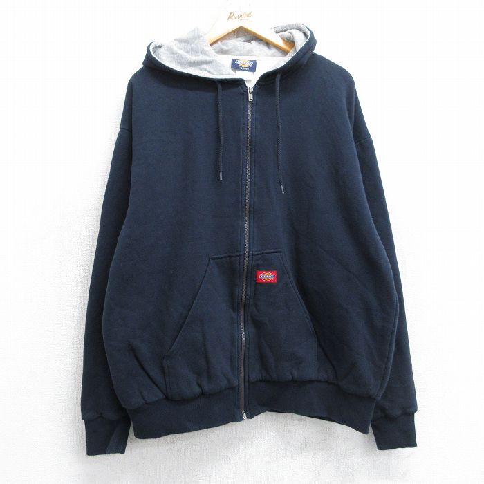 XL★古着 ディッキーズ Dickies 長袖 スウェット フルジップ パーカー メンズ ワンポイントロゴ 大きいサイズ 濃紺 ネイビー 内側サーマル 【spe】 25sep25 中古 スエット トレーナー トップス