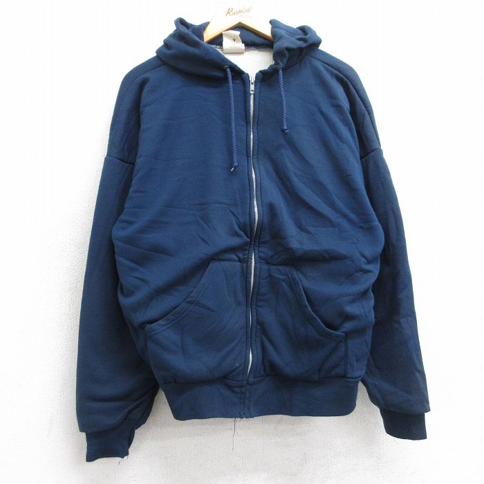 XL★古着 長袖 スウェット フルジップ パーカー メンズ 90年代 90s 無地 USA製 紺 ネイビー 内側サーマル 25sep25 中古 スエット トレーナー トップス