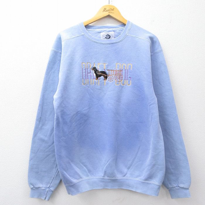 M★古着 長袖 スウェット メンズ 00年代 00s DRIFT DOG 犬 刺繍 クルーネック 薄紺 ネイビー 25sep26 中古 スエット トレーナー トップス