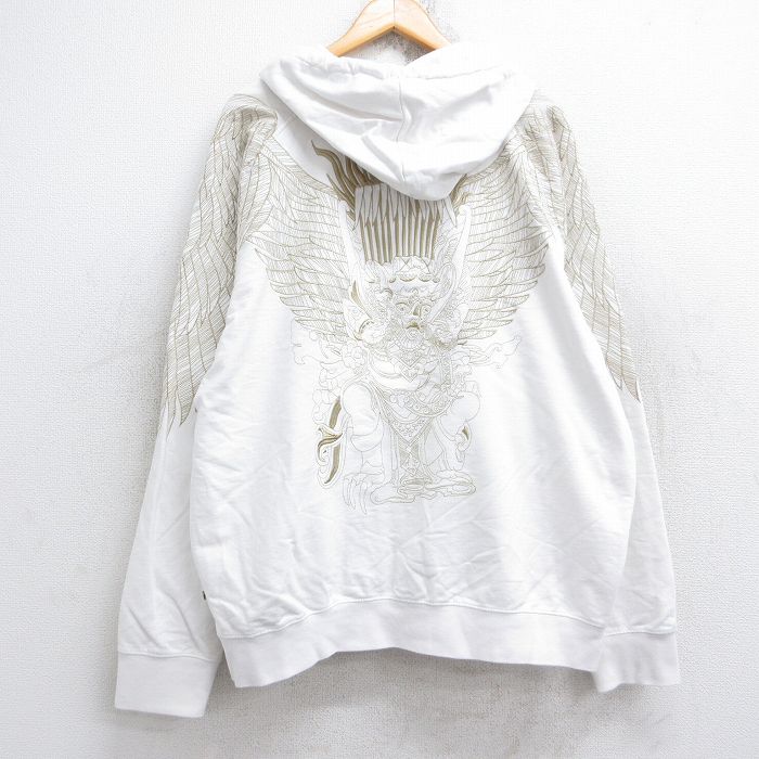 XL★古着 長袖 スウェット フルジップ パーカー メンズ 刺繍 ラグラン 大きいサイズ コットン 白他 ホワイト 25sep26 中古 スエット トレーナー トップス