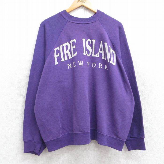 XL★古着 TULTEX 長袖 スウェット メンズ 90年代 90s ファイアーアイランド ニューヨーク ラグラン 大きいサイズ ボロ クルーネック 紫 パープル 【spe】 25sep26 中古 スエット トレーナー トップス