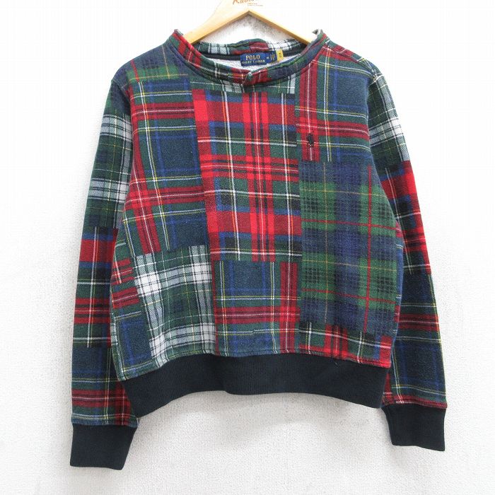 M★古着 ラルフローレン Ralph Lauren 長袖 ブランド スウェット メンズ ワンポイントロゴ モックネック ハイネック 緑他 グリーン チェック 【spe】 25sep26 中古 スエット トレーナー トップス