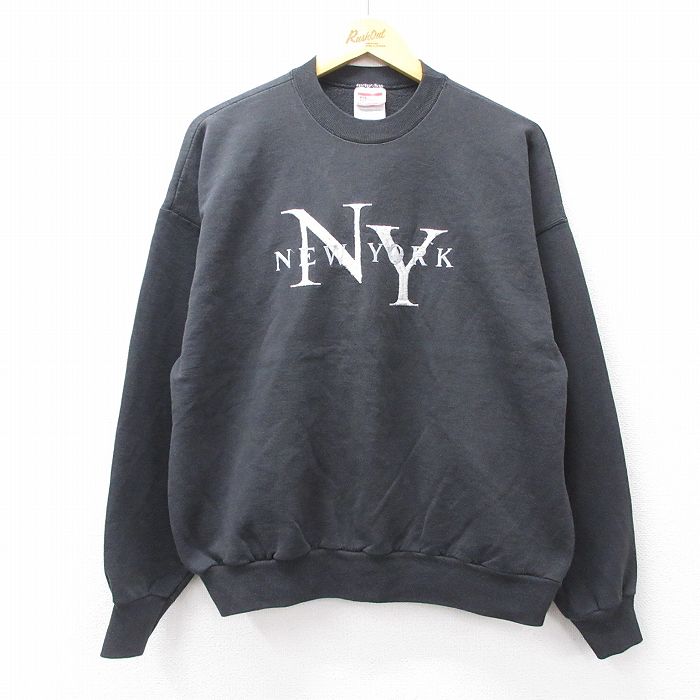 XL★古着 ヘインズ Hanes 長袖 スウェット メンズ 00年代 00s ニューヨーク 刺繍 大きいサイズ クルーネック 黒 ブラック 25sep27 中古 スエット トレーナー トップス