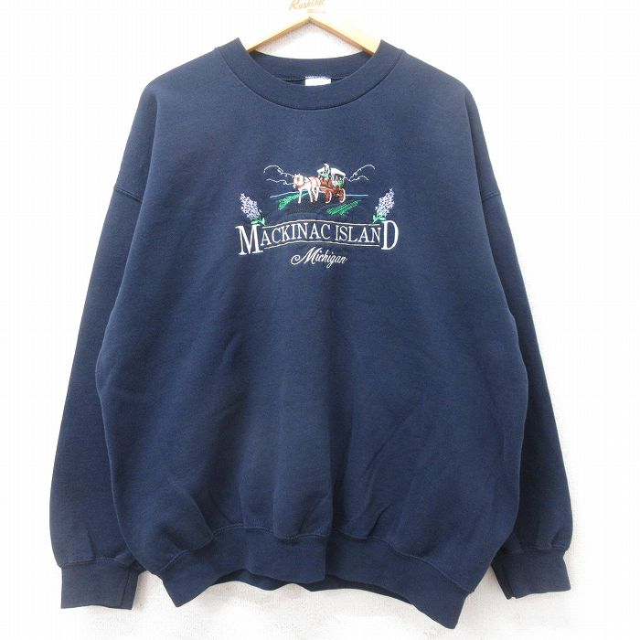 XL★古着 長袖 スウェット メンズ 00年代 00s MACKINAC ISLAND 刺繍 大きいサイズ クルーネック 紺 ネイビー 25sep27 中古 スエット トレーナー トップス